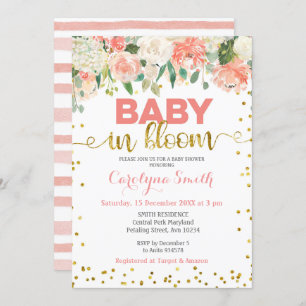 Peach Floral Baby in Bloom Invitation Kaart