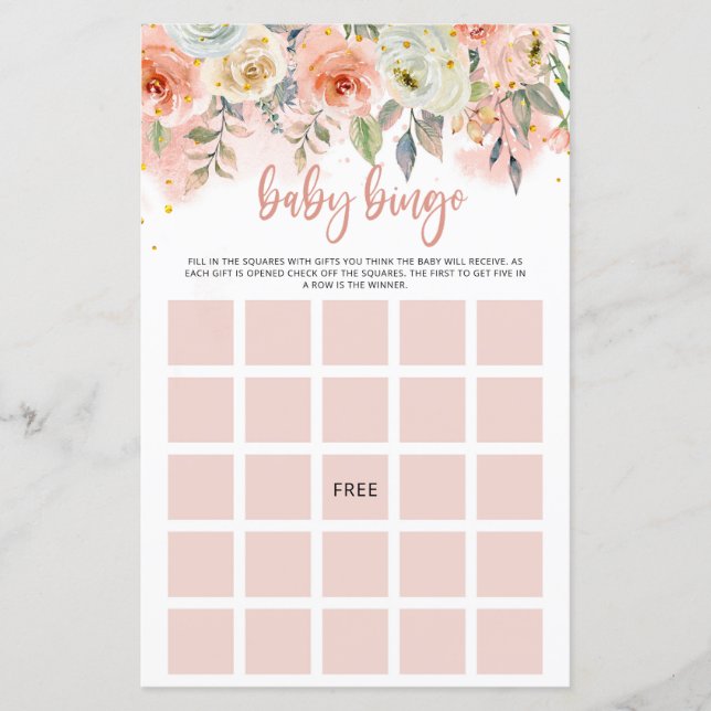 Peach Floral Baby Meisje Bingo Papier Blad (Voorkant)