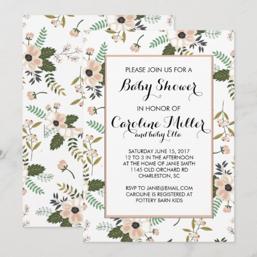 Peach Floral Baby shower Invitation Kaart (Voorkant / Achterkant)