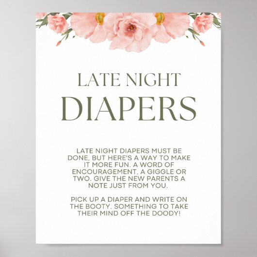 Peach Floral Baby shower Late Night Luiers Poster (Voorkant)