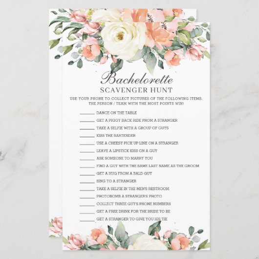 Peach Floral Bachelorette Scavenger Hunt (Voorkant / Achterkant)