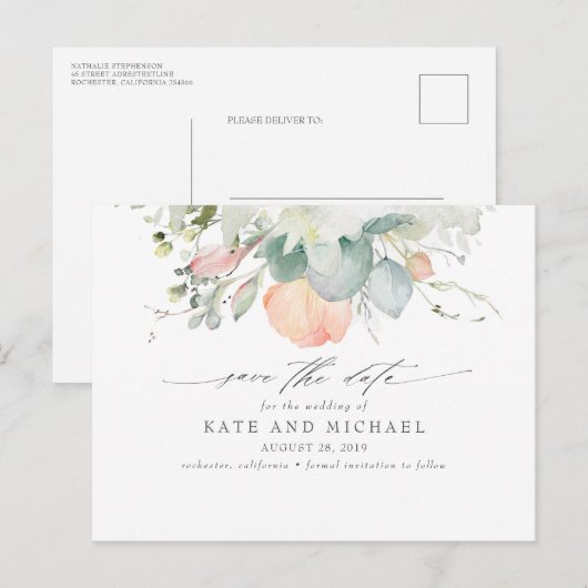 Peach Floral Boho Save the Date Briefkaart (Voorkant / Achterkant)