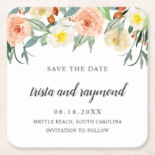 Peach Floral Botanical Waterverf Save the Date Kartonnen Onderzetters