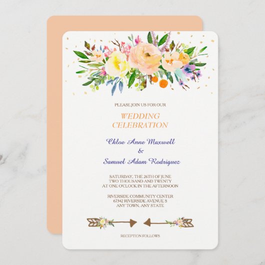Peach Floral Bouquet Wedding Invitation Kaart (Voorkant / Achterkant)