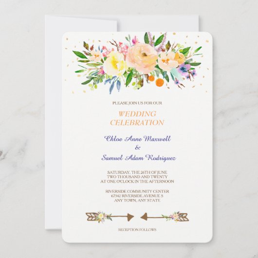 Peach Floral Bouquet Wedding Invitation Kaart (Voorkant)