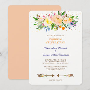 Peach Floral Bouquet Wedding Invitation Kaart