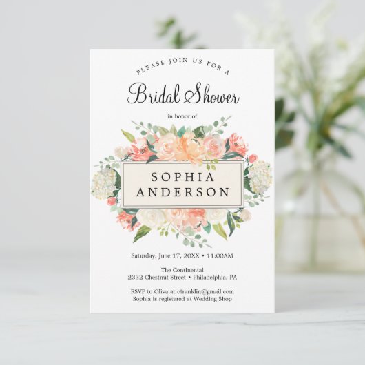  peach Floral Bridal Shower Kaart (Staand voorkant)