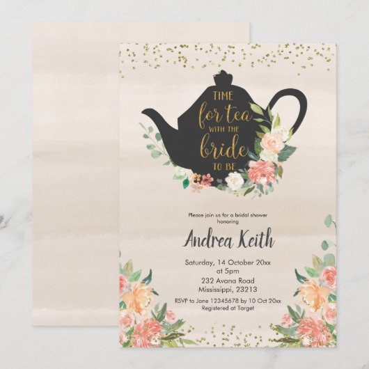 Peach Floral Bridal Tea Kaart (Voorkant / Achterkant)