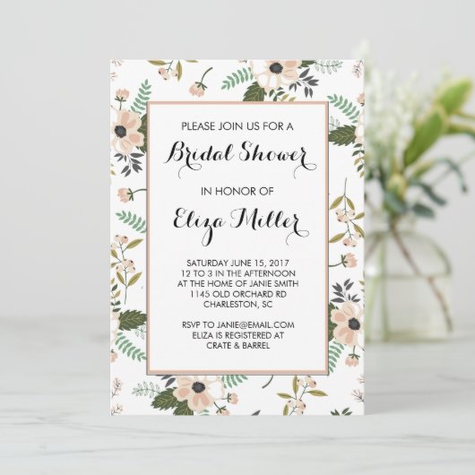 Peach Floral Bridal Wedding Shower Uitnodiging (Staand voorkant)