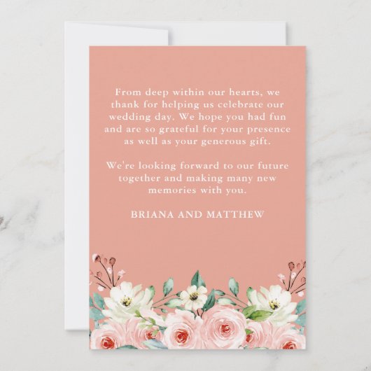Peach Floral bruiloft foto dank u kaart (Achterkant)