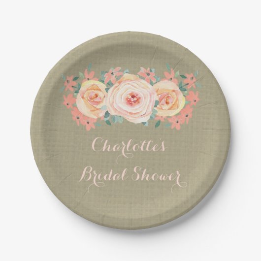 Peach Floral Burlap Vrijgezellenfeest Bord (Voorkant)