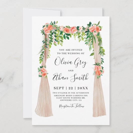 Peach floral Canopy Wedding Invitation Kaart (Voorkant)