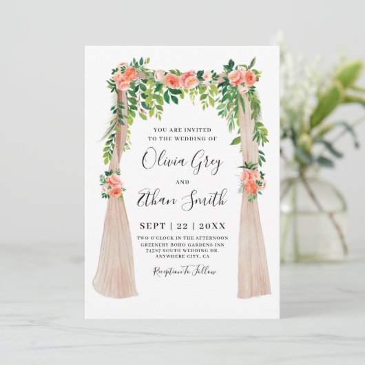Peach floral Canopy Wedding Invitation Kaart (Staand voorkant)