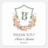 Peach Floral Crest bruiloft dank u Vierkante Sticker (Voorkant)