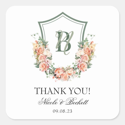 Peach Floral Crest bruiloft dank u Vierkante Sticker (Voorkant)