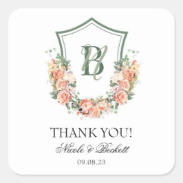 Peach Floral Crest bruiloft dank u Vierkante Sticker