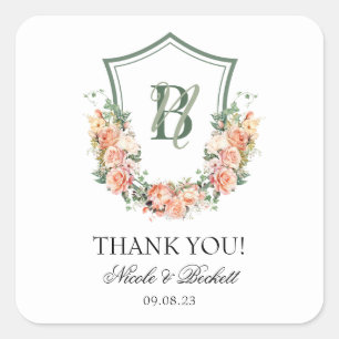 Peach Floral Crest bruiloft dank u Vierkante Sticker