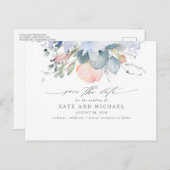 Peach Floral Dusty Blue Boho Save the Date Briefkaart (Voorkant / Achterkant)