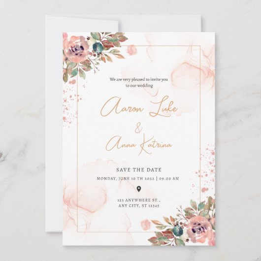 Peach Floral Elegant Moderne Wedding Uitnodiging (Voorkant)