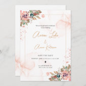 Peach Floral Elegant Moderne Wedding Uitnodiging (Voorkant / Achterkant)