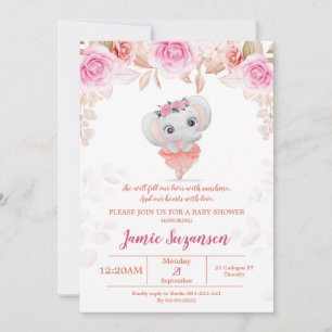 Peach Floral Elephant Baby shower Girl Invitation Save The Date