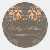 Peach  Floral Flourish Wedding Party Favor Ronde Sticker (Voorkant)