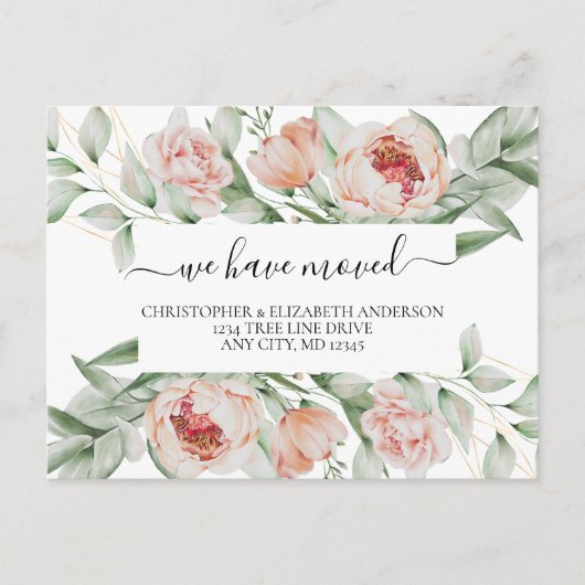 Peach Floral Flowers Greenery Script Moving Aankondigingskaart (Voorkant)