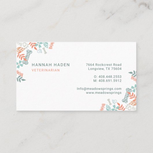 Peach Floral & Foliage Pet Paw Print Pattern Visitekaartje (Achterkant)