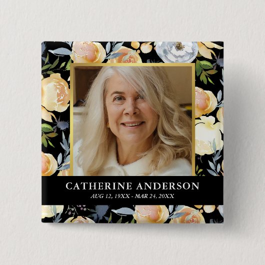 Peach Floral Funeral Memorial Foto Button (Voorkant)