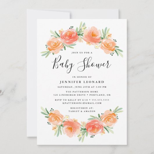 Peach Floral Garden | Uitnodiging tot Baby shower (Voorkant)
