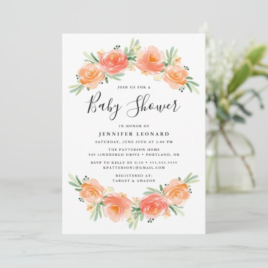 Peach Floral Garden | Uitnodiging tot Baby shower (Staand voorkant)