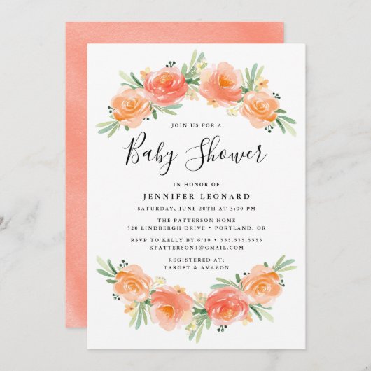 Peach Floral Garden | Uitnodiging tot Baby shower (Voorkant / Achterkant)