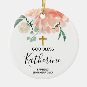 Peach Floral Girl Baptism Ornament