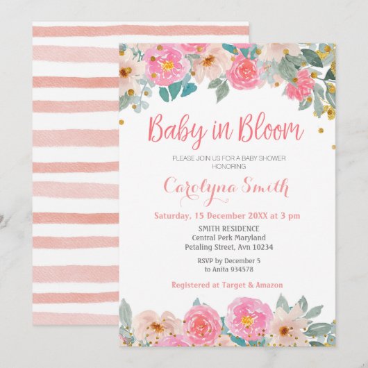 Peach Floral greenery Baby in Bloom Kaart (Voorkant / Achterkant)