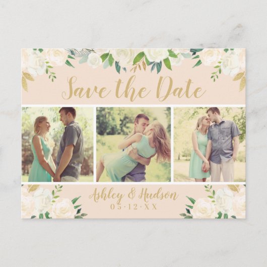 Peach Floral Greenery Photo Wedding Save the Date Aankondigingskaart (Voorkant)