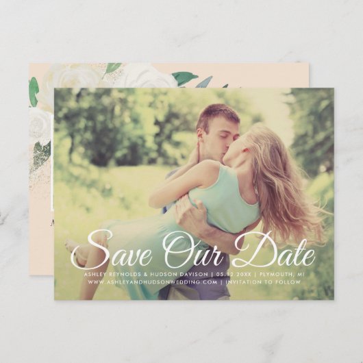 Peach Floral Greenery Wedding Photo Save the Date Aankondigingskaart (Voorkant / Achterkant)
