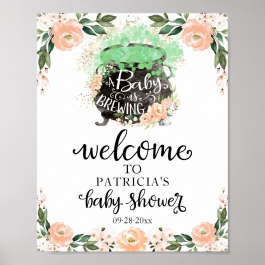 Peach Floral Halloween Baby shower Welcome Sign. Poster (Voorkant)