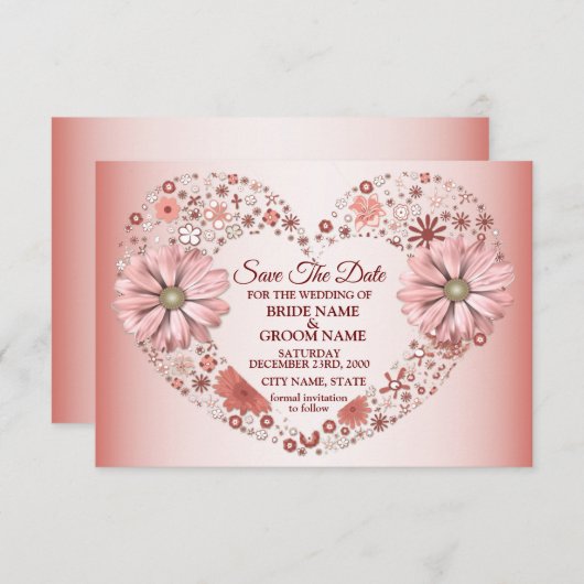 Peach Floral Heart Modern Save The Date (Voorkant / Achterkant)