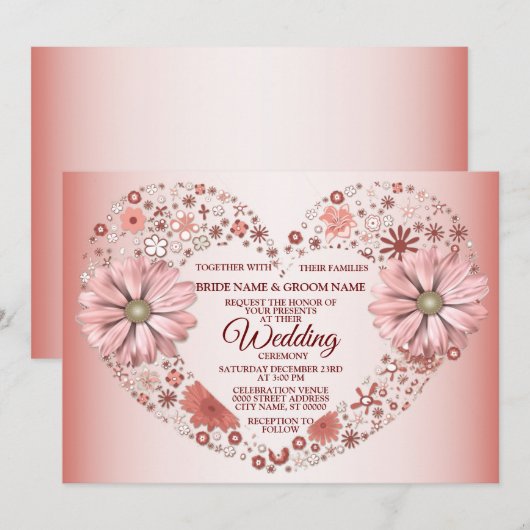 Peach Floral Heart Modern Wedding Kaart (Voorkant / Achterkant)