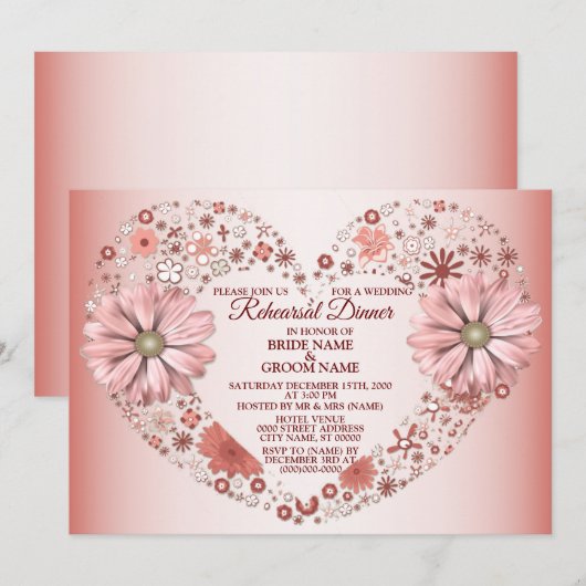 Peach Floral Heart Modern Wedding Rehearsal Dinner Kaart (Voorkant / Achterkant)