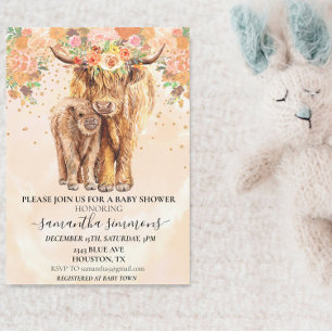 Peach Floral Highland Koe Calf Baby shower Kaart