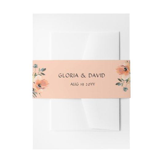 Peach Floral Invitation Belly Band Uitnodigingen Wikkel (Voorkant Voorbeeld)