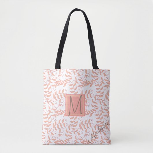 Peach Floral Leaf Natural Trendy Monogram Tote Bag (Voorkant)
