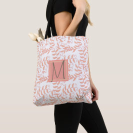 Peach Floral Leaf Natural Trendy Monogram Tote Bag