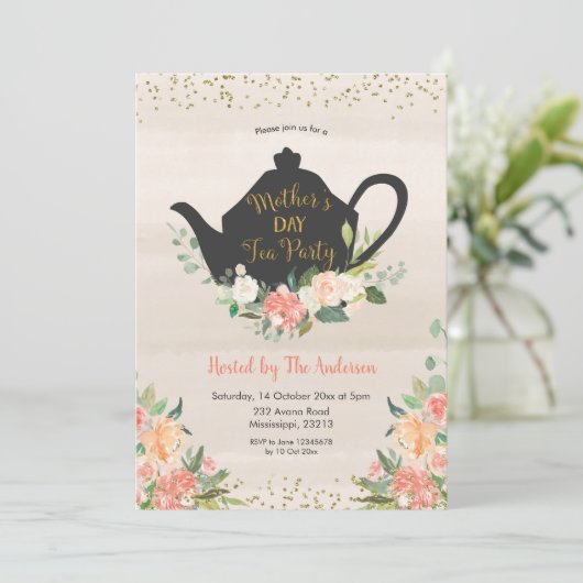 Peach Floral Moederdag Tea uitnodiging (Staand voorkant)