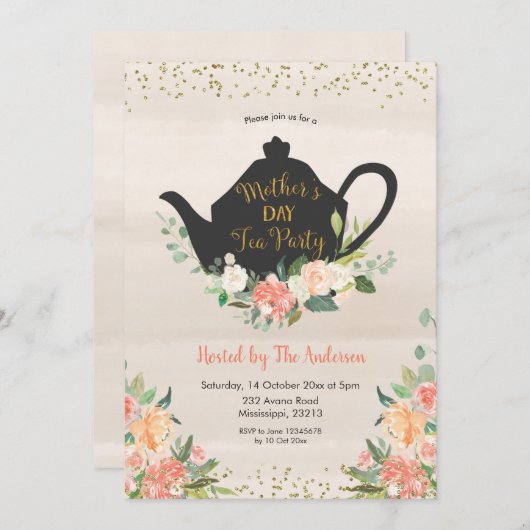 Peach Floral Moederdag Tea uitnodiging (Voorkant / Achterkant)