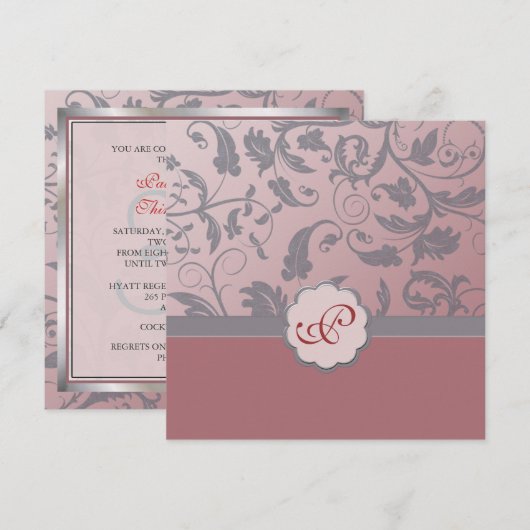 Peach Floral Monogram Uitnodiging (Voorkant / Achterkant)