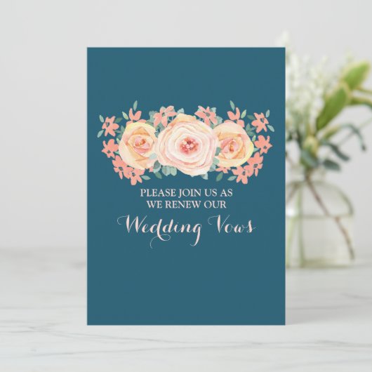 Peach Floral Navy Blue Vow Renewal Invitation Kaart (Staand voorkant)