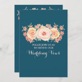 Peach Floral Navy Blue Vow Renewal Invitation Kaart (Voorkant / Achterkant)