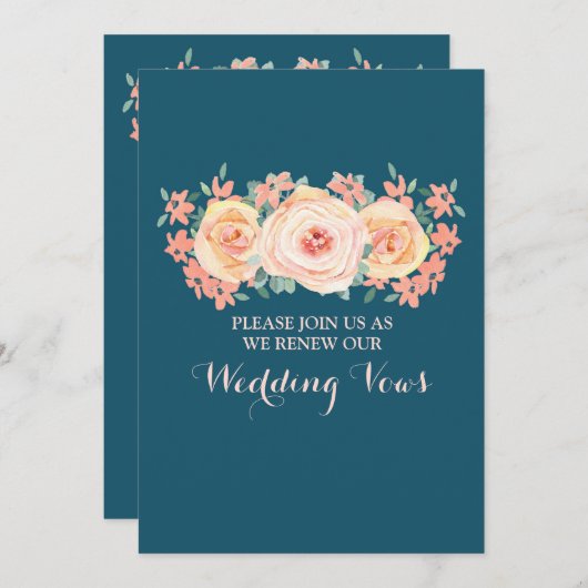 Peach Floral Navy Blue Vow Renewal Invitation Kaart (Voorkant / Achterkant)